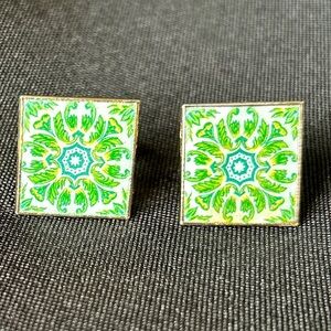 Atrio-Style Green Portuguese Tile Gold Tone Square Cufflinks